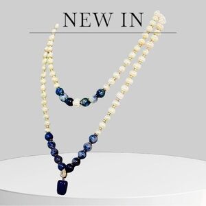 Elegant Blue Lapis Lazuli and Cream Pearls Beaded Necklace
